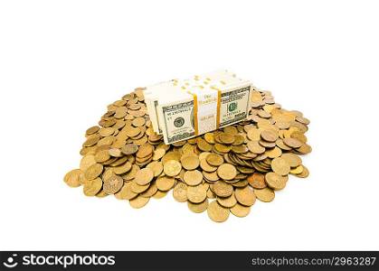 Dollars and coins isolated on the white background
