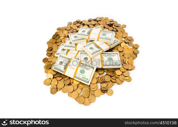 Dollars and coins isolated on the white background