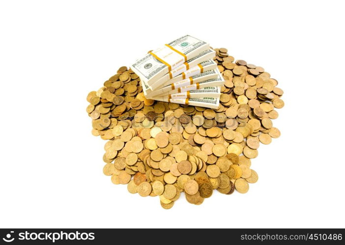 Dollars and coins isolated on the white background