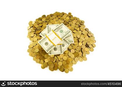 Dollars and coins isolated on the white background