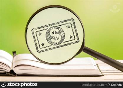 Dollars information with a pencil drawing of a chain link in a magnifying glass