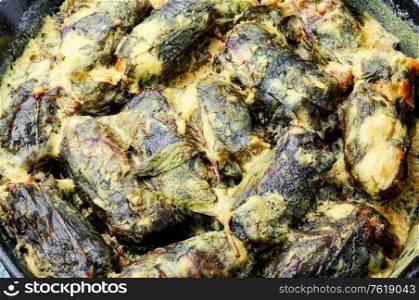 Dolma or sarma,stuffed sorrel leaves with rice and meat.Oriental cuisine. Eastern dolma or sarma