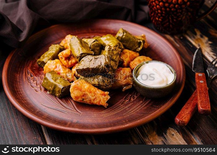 Dolma with meat, rice in grape leaves