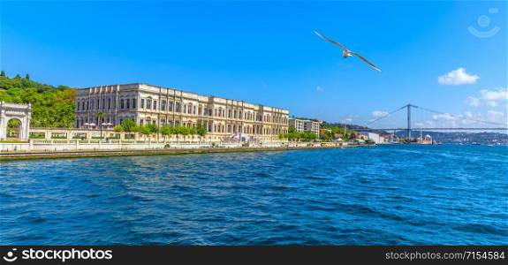 Dolmabahce Palace on the coast of the Bosphorus, Istanbul panorama.