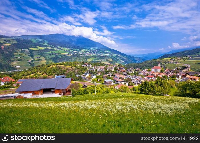 Dolomites. Idyllic alpine village of Gudon architecture and landscape view, Bolzano province in Trentino Alto Adige region of Italy