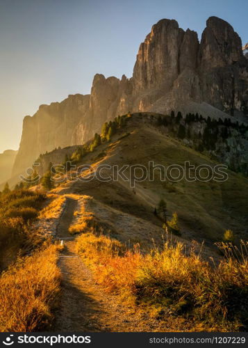 Dolomites, Italy Landscape at Passo Gardena with majestic Sella mountain group in northwestern Dolomites. Famous travel destination for adventure, trekking, hiking and outdoor activity.