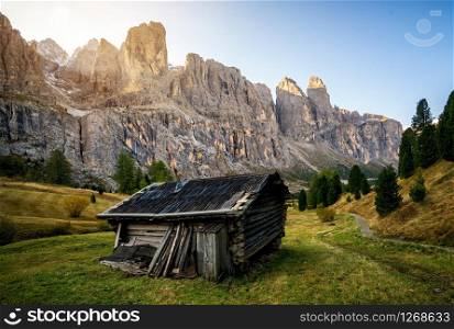 Dolomites, Italy Landscape at Passo Gardena with majestic Sella mountain group in northwestern Dolomites. Famous travel destination for adventure, trekking, hiking and outdoor activity.