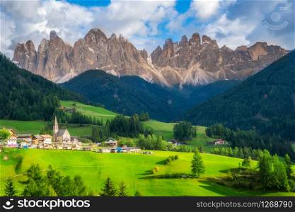 Dolomites Italy landscape at Santa Maddalena or St. Magdalena village with Geisler or Odle Dolomites Group. The beautiful mountain landscape attracts tourist to travel to Dolomites in Northern Italy.