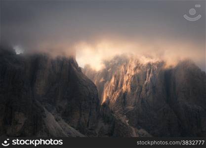 Dolomites mountain rocky peaks at sunset, Italian Dolomites