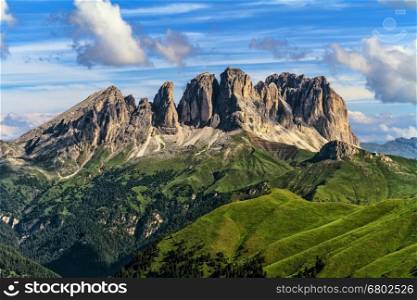 Dolomiti - Sassolungo -Langkofel mount. summer viiew of Sassolungo group from Fassa Valley, Trentino, Italy
