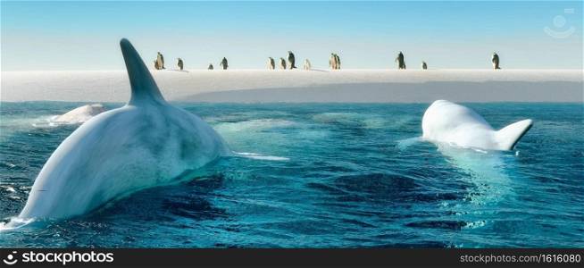 dolphin swimming in the sea and penguin 3d illustration