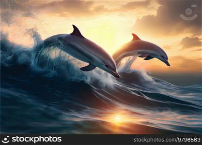 dolphins jumping in waves, seascape background with clear water and shining sunset. underwater sea scape