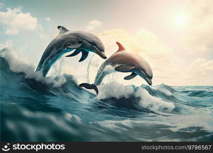 dolphins jumping in waves, seascape background with clear water and shining sunset. underwater sea scape