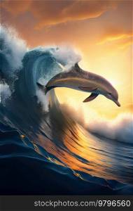 dolphins jumping in waves, seascape background with clear water and sunset. underwater sea scape