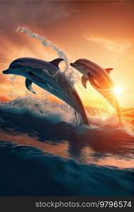 dolphins jumping in waves, seascape background with clear water and sunset. underwater sea scape