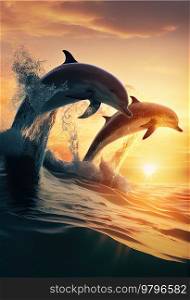 dolphins jumping in waves, seascape background with clear water and sunset. underwater sea scape