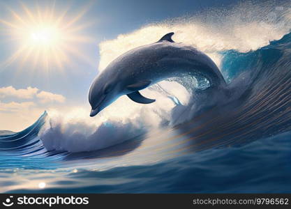 dolphins jumping in waves, seascape background with clear water and sunshine. underwater sea scape