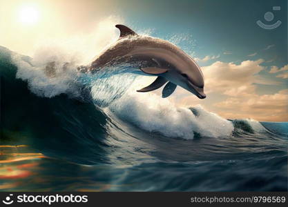 dolphins jumping in waves, seascape background with clear water and sunshine. underwater sea scape