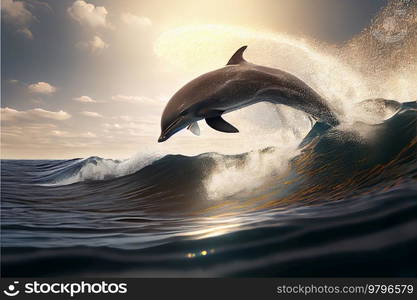 dolphins jumping in waves, seascape background with clear water and sunshine. underwater sea scape