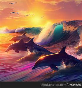 dolphins pack jumping in waves, seascape background with clear water and shining sunset. underwater sea scape