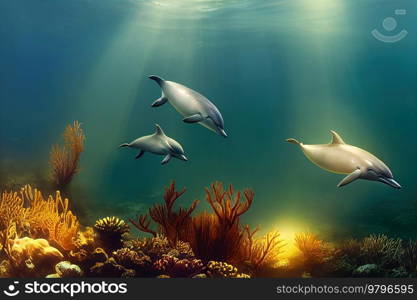 dolphins underwater, coral reef seascape background with clear. underwater sea scape