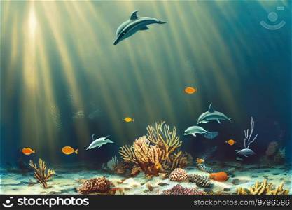 dolphins underwater, coral reef seascape background with clear water and sunshine. underwater sea scape