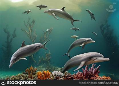 dolphins underwater, coral reef seascape background with clear water and sunshine. underwater sea scape