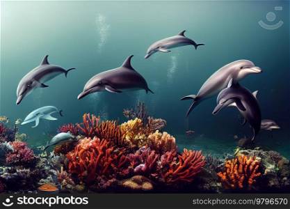 dolphins underwater, coral reef seascape background with clear water. underwater sea scape