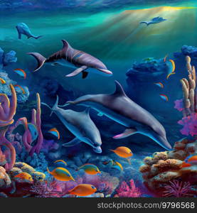 dolphins underwater, seascape background with clear water and sunshine. underwater sea scape