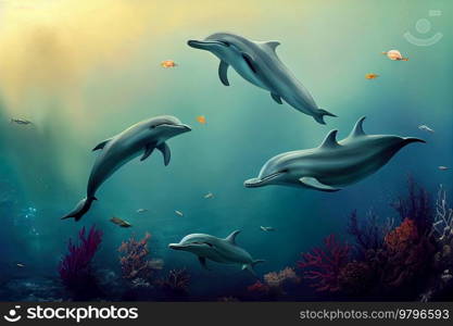 dolphins underwater, seascape background with clear water and sunshine. underwater sea scape