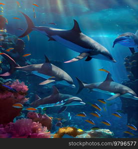 dolphins underwater, seascape coral reef background with clear water. underwater sea scape