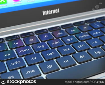 Domain internet communication concept. Site addresses on buttons of laptop keyboard. 3d