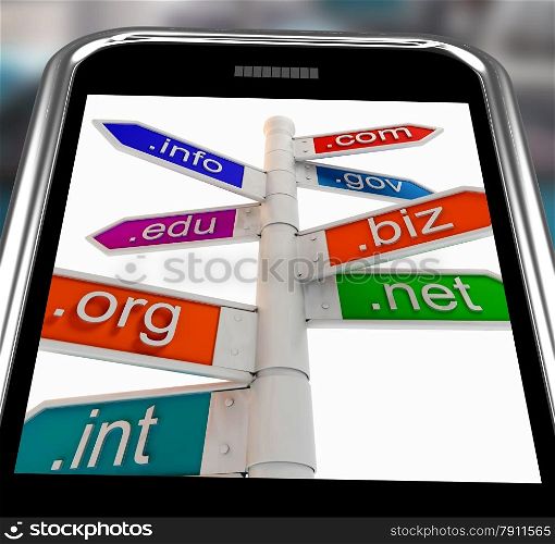 . Domains On Smartphone Shows Internet Websites And Information Addresses