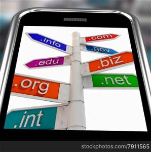 . Domains On Smartphone Shows Internet Websites And Information Addresses