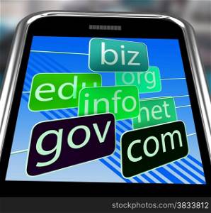 . Domains On Smartphone Shows Mobile Internet Access And Online Information