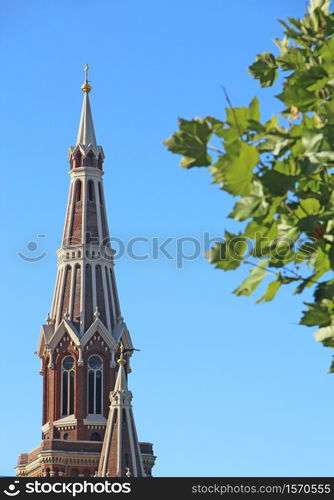 Dome of Roman Catholic church of Most Holy Name of Jesus Jesuits and branch of tree with leaves. Sienkiewicz street 60, Lodz, Poland. Beautiful church in Lodz. Church of the Holy Name of Jesus. Dome of Roman Catholic church of Most Holy Name of Jesus Jesuits