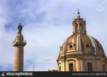 Dome of the church Holy Name of Mary and of Trajan&rsquo;s Column in Rome, Italy