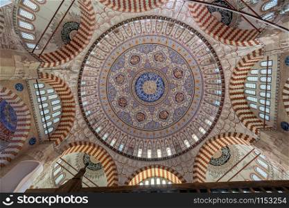 Dome of the in selimiye mosque photo taken with a wide angle on March 9, 2019 in Edirne, Turkey.