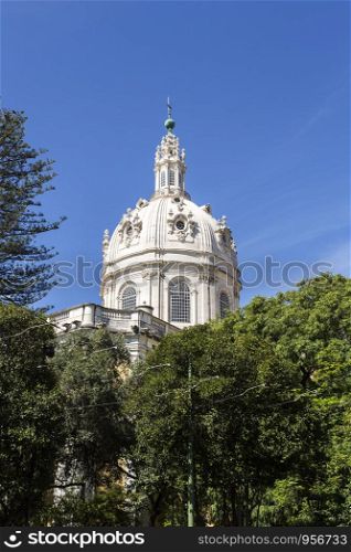Dome of the late Baroque and Neo-Classical Royal Basilica and Convent of the Most Sacred Heart of Jesus, built in late 18th century in Lisbon, Portugal
