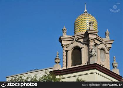 domed steeple of the Plaza Methodist Church on Olvera Street in Los Angeles