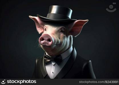 Domestic farm pig close-up on a black dark background. AI generated. Pig illustration for wallpaper.. Domestic farm pig close-up on a black dark background. AI generated.