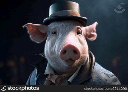 Domestic farm pig close-up on a black dark background. AI generated. Pig illustration for wallpaper. Header banner mockup with space.. Domestic farm pig close-up on a black dark background. AI generated.