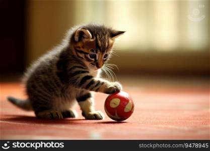 Domestic kitten plays with ball. Generative AI