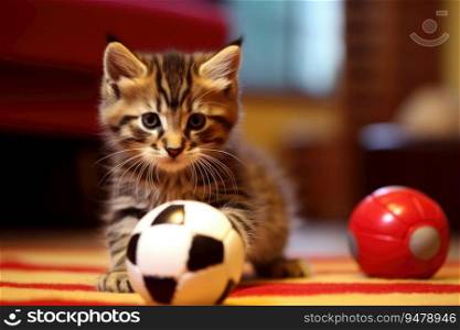 Domestic kitten plays with ball. Generative AI