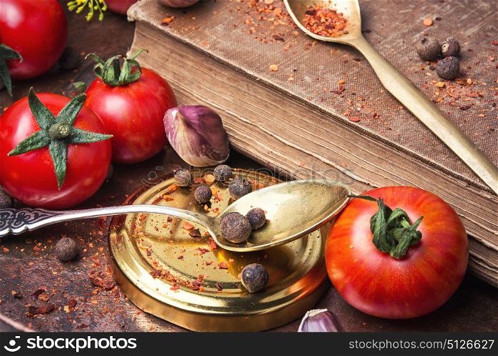 domestic pickle tomato. tomato,pepper peas and garlic for pickling to the old rustic recipe