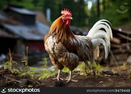 Domestic rooster on a natural farm. Generative AI