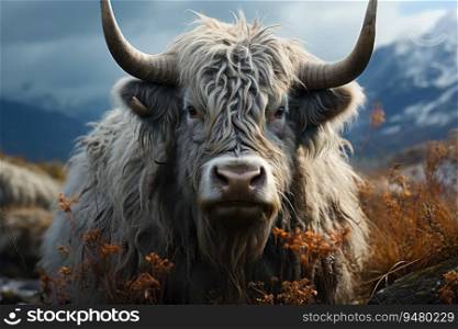 Domestic yak with mountains in the background. Generative AI