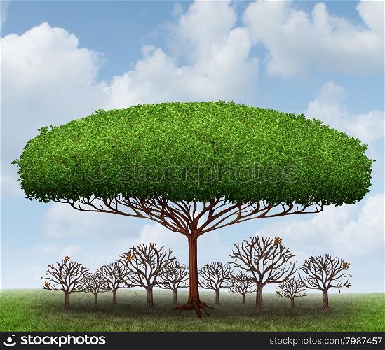 Dominating the market business concept as a symbol of taking over a sector by absorbing investment and growth potential with a metaphor of a big tree blocking the sun from smaller competitors resulting in a healthy profits while destroying the competitors.