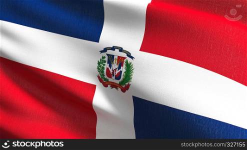 Dominican Republic national flag blowing in the wind isolated. Official patriotic abstract design. 3D rendering illustration of waving sign symbol.