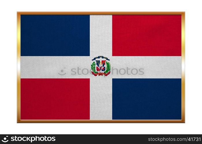 Dominican Republic national official flag. Patriotic symbol, banner, element, background. Correct colors. Flag of Dominican Republic , golden frame, fabric texture, illustration. Accurate size, color